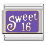 Italian charm link featuring purple enamel and golden Sweet 16 text for DIY bracelets