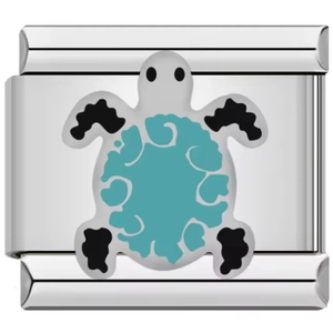 Italian charm bracelet link with teal enamel sea turtle in polished stainless steel