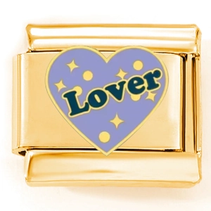 Italienisches Charm-Glied aus Gold-Edelstahl mit lila Lover-Herz und Sternenmuster