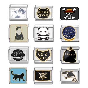 Detailed grid of Italian charm links featuring enamel animals and modular slogans