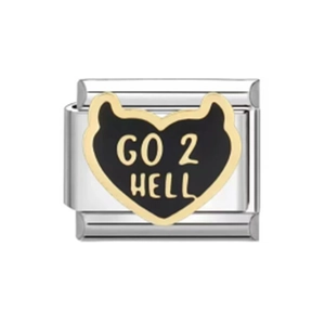 Macro detail of Italian modular charm link with black devil heart and GO 2 HELL engraving