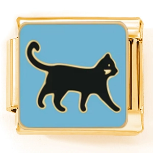 Italienisches Charm-Armband Glied aus Gold mit hellblauem Hintergrund und schwarzer Katze