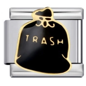 Close-up of Italian charm with black enamel trash bag design and gold TRASH lettering