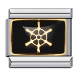 Detail of modular bracelet link with black enamel background and gold helm design