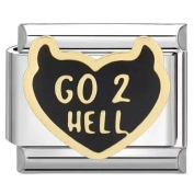 Italian modular charm in stainless steel featuring black heart with GO 2 HELL punk design
