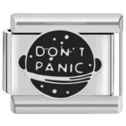 Macro shot of Italian charm link featuring black enamel with Don't Panic sci-fi text