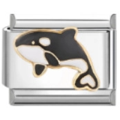 Detailed view of silver modular charm featuring black and white orca whale with gold edges