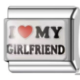 Detail view of Italian charm link featuring I love my girlfriend and red heart engraving