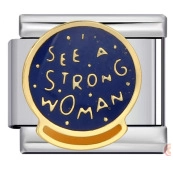 Italian charm link with 'I SEE A STRONG WOMAN' engraving and blue enamel finish