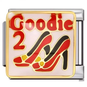 Détail d'une breloque italienne avec motif de talons hauts et texte Goodie 2 doré