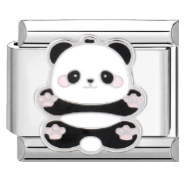 Italian modular charm link featuring a cute black and white panda with pink cheek details