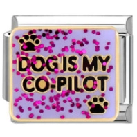 Italian charm bead with Dog Is My Co-Pilot text and paw prints on purple glitter background