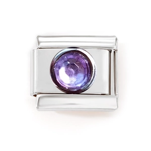 Macro detail of silver stainless steel charm link with a faceted purple gemstone insert