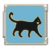 Italian charm link with light blue enamel background and gold-plated black cat silhouette