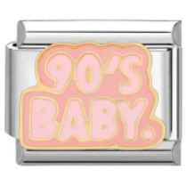 Macro shot of a 90'S BABY lettered charm with pink enamel on a stainless steel base