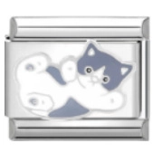 Detailed macro view of an Italian modular charm link with a blue and white cat design