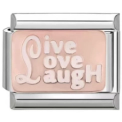 Detail of pink Live Love Laugh charm for stainless steel modular Italian link bracelet