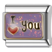 Detail of Italian modular charm with purple enamel and gold heart with I love you text