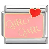 Macro detail of stainless steel charm with pink enamel Girly Girl text and heart