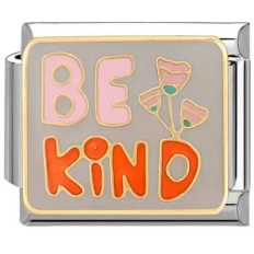 Detail of stainless steel modular charm link with Be Kind text and floral patterns