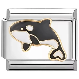 Italian modular charm link in stainless steel featuring a black and white orca whale design