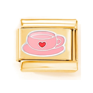 Edelstahl-Charm für Armband im italienischen Stil mit rosa Emaille-Teetasse und Herzdekor