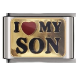 Detail of Italian style stainless steel charm link with gold I Love My Son engraving