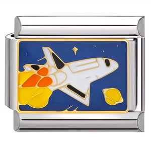 Détail d'un lien charm italien avec navette spatiale et Saturne en émail coloré