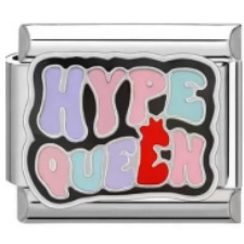 Detail of Italian charm link in stainless steel featuring HYPE QUEEN colorful letters