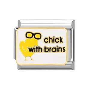 Charm italien en acier inoxydable poli avec émail blanc et motif de poussin à lunettes