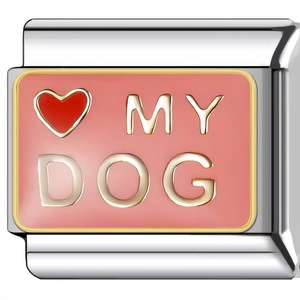 Close-up of pink enamel Italian charm link with My Dog text and red heart icon