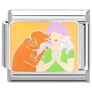 Detailed view of stainless steel charm with enamel dog and girl illustration