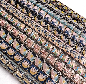 Macro view of colorful enamel Italian charm links for stainless steel modular bracelets
