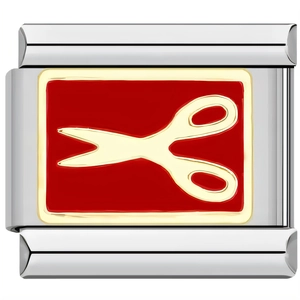 Macro detail of Italian charm bracelet link with gold scissors on red enamel background