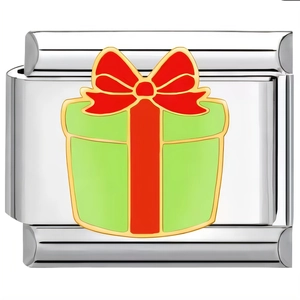 Close-up of stainless steel Italian charm link with green gift box and red ribbon motif