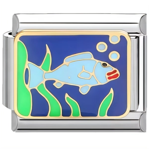 Detailed macro view of a stainless steel DIY charm link with a blue tropical fish design