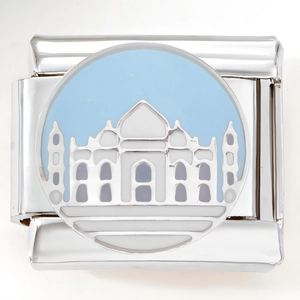 Λεπτομερής προβολή macro για ιταλικό charm 9mm με το Taj Mahal σε ανοξείδωτο ατσάλι