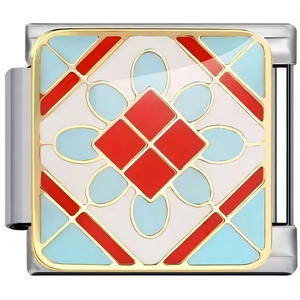 Macro shot of silver and gold modular charm link with colorful floral enamel patterns