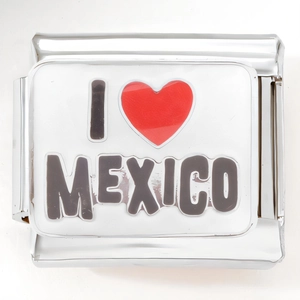 Detail of stainless steel modular charm with I Heart Mexico enamel design for DIY bracelet