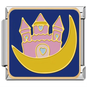 Detailed close-up of an Italian charm featuring a pink castle with a yellow crescent moon
