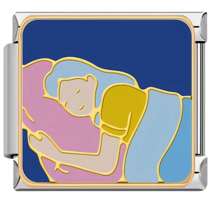 Detailed macro view of a square Italian charm link with sleeping character enamel design