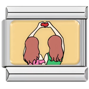 Detail showing two cartoon girls forming a red heart on a stainless steel charm