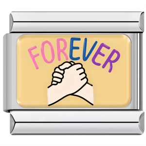 Macro view of stainless steel charm with Forever text and hand-holding illustration
