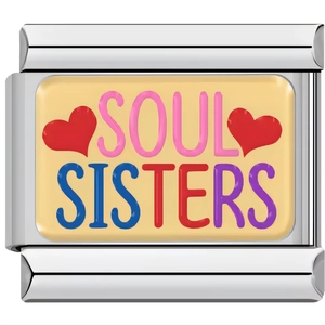 Detailed macro view of SOUL SISTERS engraved stainless steel Italian charm link