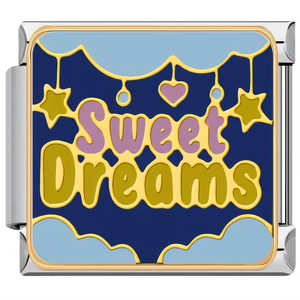 Detail of DIY stainless steel charm with Sweet Dreams text and starry night enamel pattern