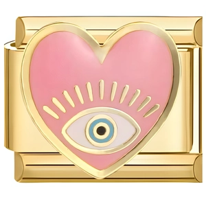Detail of pink enamel heart charm with evil eye and gold eyelashes for modular bracelet