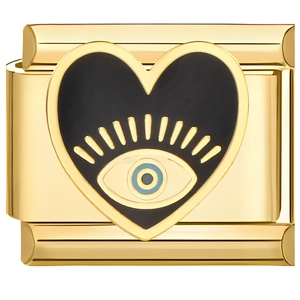 Detailed macro view of an 18K gold modular bracelet link with black heart and evil eye