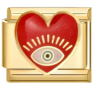 Detail of gold modular charm featuring a red enamel heart with a blue evil eye design