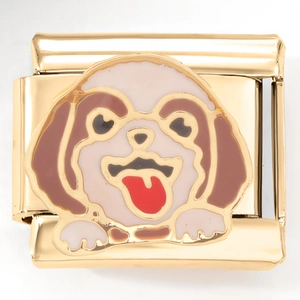 Dettaglio del modulo per bracciale italiano con un cane cartoon in smalto colorato