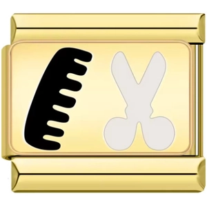 Detail view of gold stainless steel modular charm with hair comb and scissors patterns